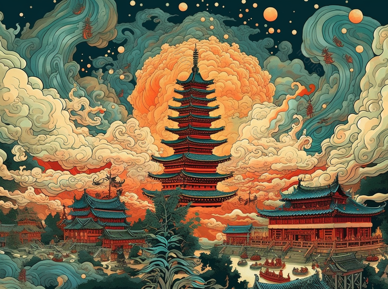 中国风古典山庄建筑插画背景,插画/手绘图,插画/手绘图库,插画/手绘图下载,插画/手绘